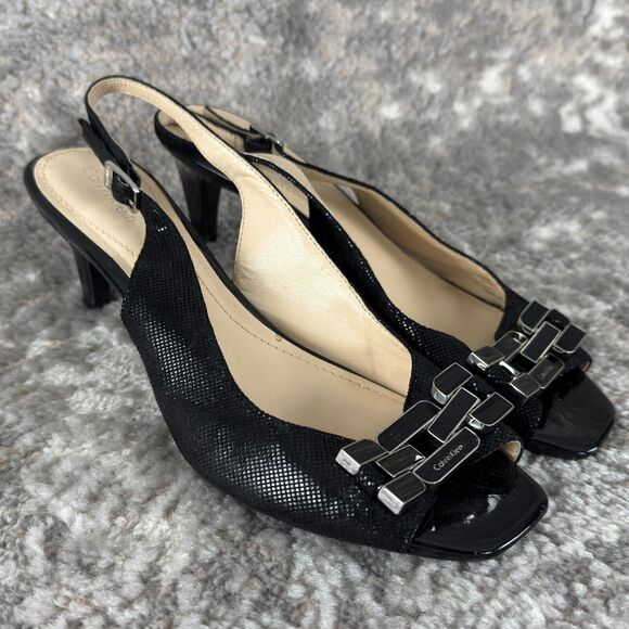 Calvin Klein Size 8.5 Black Peep Toe Sling Back High Heels Shoes Textured - Picture 1 of 11